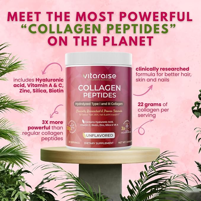 Hydrolyzed Collagen Powder - Type I & III Grass Fed Naturally 3X Powerful Collagen Peptides Powder for Women & Men - Hair, Skin, Nail, Joints - Unflavored, Gluten Free, 22g per 30 Serving - 1.49 lbs
