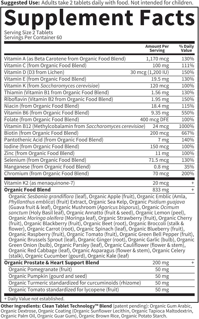 Garden of Life Organics Whole Food Multivitamin - Men 40+ 120 Tablets, Vegan Mens Multi for Health & Well-Being Certified Organic Whole Food Vitamins & Minerals for Men Over 40 Mens Vitamin(Pack of 2)