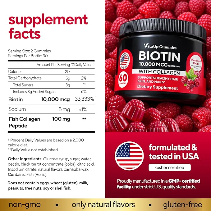 VitaUp Biotin Gummies 10000mcg for Women and Men - Extra Strength Hair, Skin and Nails Gummies with Collagen - Natural Biotin Gummy Supplement for Hair, Skin, Nails Support - 60 ct