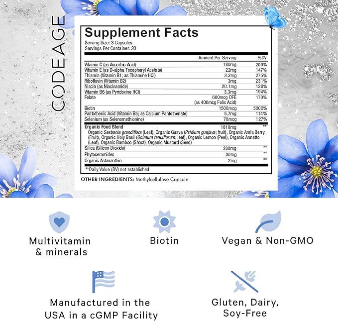 Codeage Biotin Supplement with Vitamin C, Vitamin E, Vitamin B6, Niacin, Folate, Organic Food Blend, Phytoceramides, Astaxanthin, Selenium - Beauty Tonic - Hair, Skin, and Nail Support - Vegan, 90 Ct