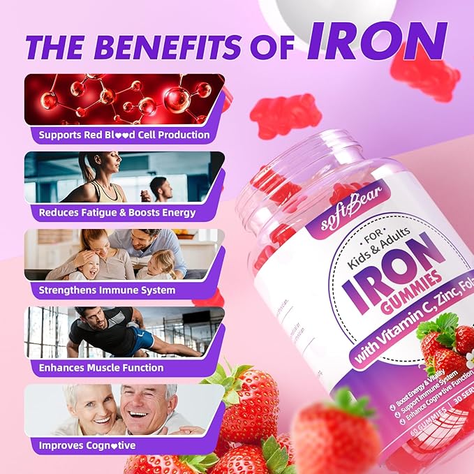 softbear Iron Gummies for Women & Men & Kids, Chewable Iron Supplements with Vitamin C,B3,B5,B6,B12 Supports Immune System, Energy & Vitality, Sugar-Free/Vegan, Strawberry Flavor 60 Count