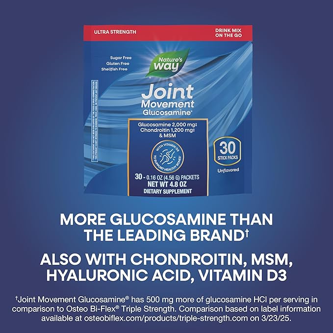 Nature's Way Joint Movement Glucosamine Drink Mix, Ultra Strength Glucosamine, MSM, Hyaluronic Acid, Vitamin D3, Supports Bones, Muscles, Cartilage*, No Sugar, Joint Support*, 30 Unflavored Packets