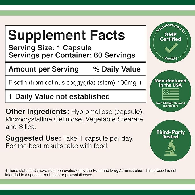 Fisetin Supplement - 100mg of Bioactive Flavnonols, 60 Count (Bioflavonoid Polyphenols Supplement Similar to Apigenin, Luteolin, and Quercetin) Aging Support Senolytic by Double Wood