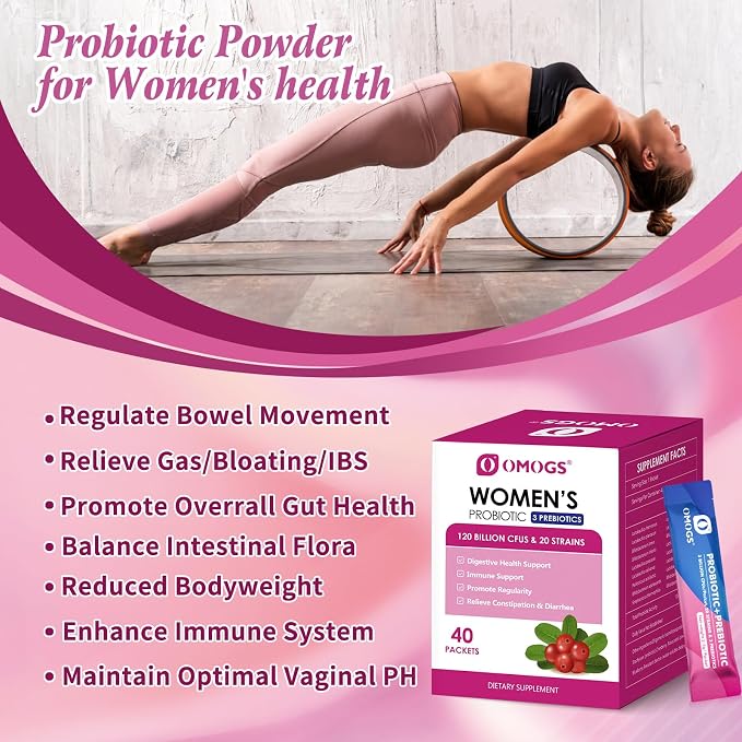 OMOGS Women's Probiotic,120-Billion-CFUs, 18 Strains, with 3 Prebiotics and Cranberry Extract, Help for Immune Booster, Digestive Health, Gut Health and Vaginal Health