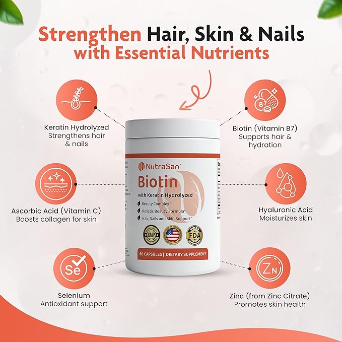 Biotin 20,000 mcg Supplement with Hydrolyzed Keratin & Hyaluronic Acid - Vitamins B7 for Women & Men- Supports Healthy Hair, Skin & Nails - Non-GMO, Gluten & Dairy Free - 60 Capsules