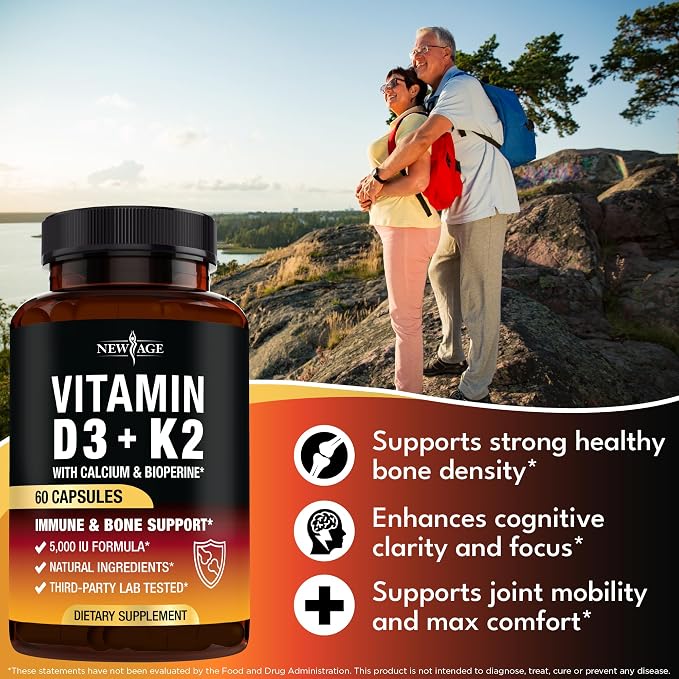 NEW AGE Vitamin D3 5,000 IU + K2 MK-7 100 mcg - 2-in-1 Bone, Immune & Heart Support, Easy to Swallow, Non-GMO - 120 Capsules