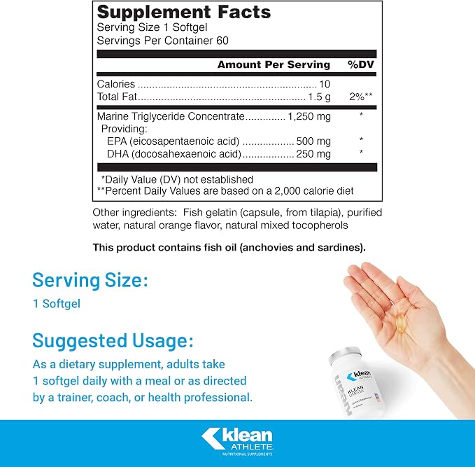 Klean Athlete Klean Omega | Pure Fish Oil in Triglyceride Form to Support Cardiovascular, Neurological and Joint Health | NSF Certified for Sport | 60 Softgels