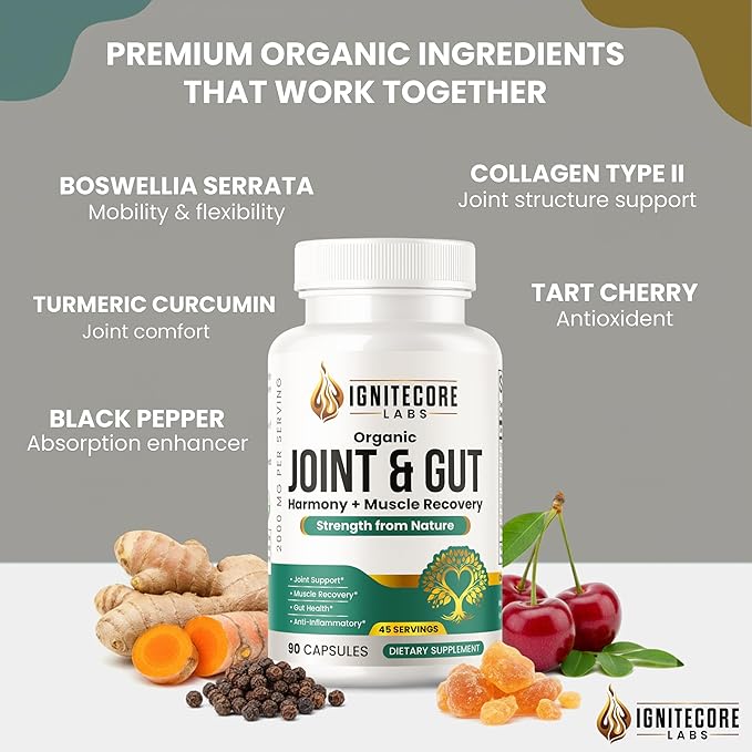 Organic Joint & Gut Harmony – Turmeric Curcumin, Boswellia, Type II Collagen, Tart Cherry, Ginger, Moringa, Probiotics – Joint Comfort, Mobility, Flexibility, Gut Balance, Digestive Support – 2000mg