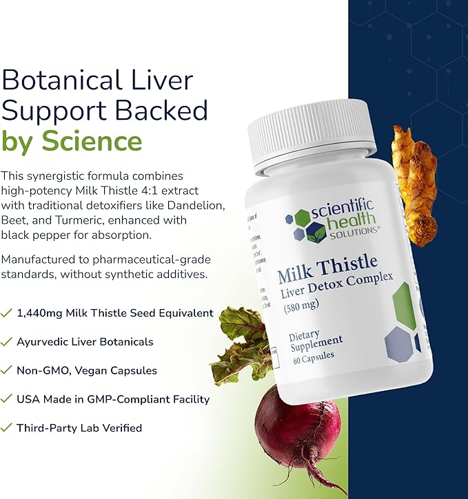 Milk Thistle Liver Detox Complex – Clinical-Grade Liver Support Supplement with Turmeric, Dandelion, Beet, Picrorhiza, Black Pepper – Phase I & II Detox – 60 Capsules – Non-GMO
