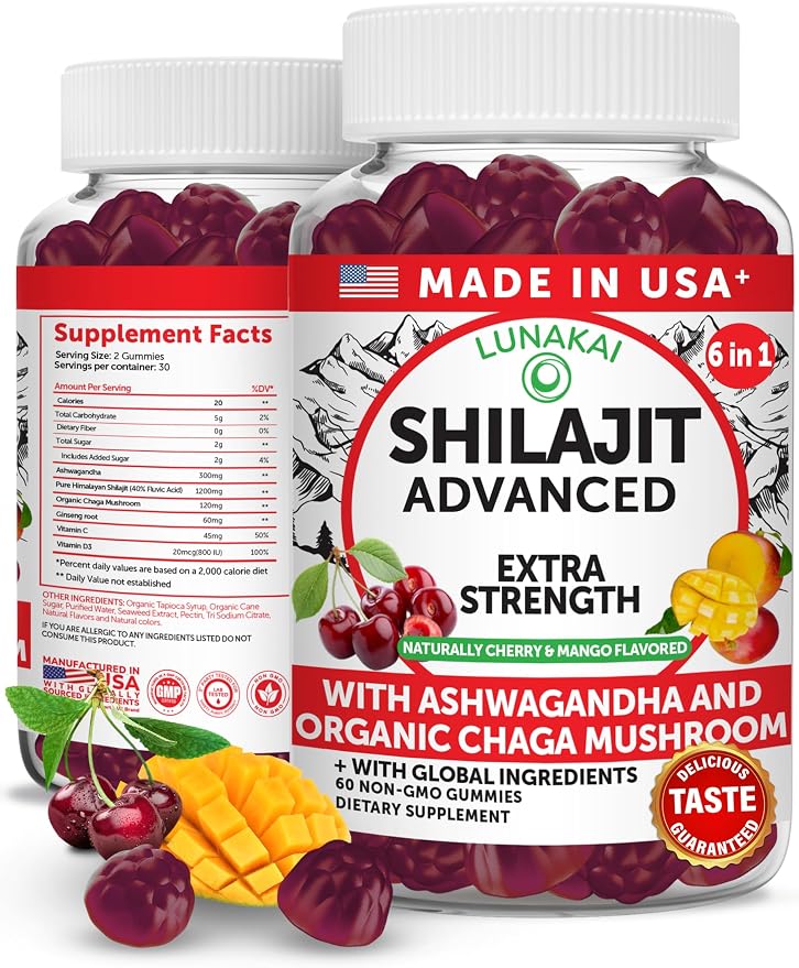 Lunakai USA Made 1200mg Pure Himalayan Shilajit Gummies for Men & Women with Ashwagandha & Chaga – Supplement for Daily Energy & Vitality Support, 60ct