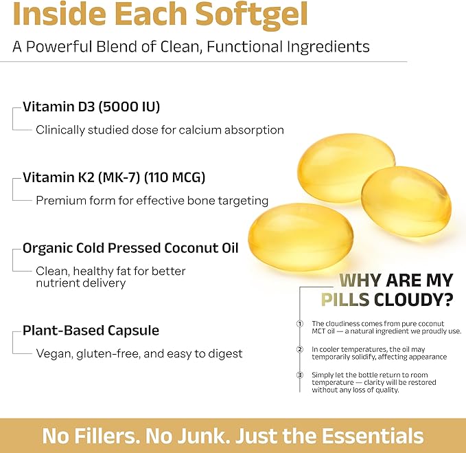Vitamin D3+K2 with Coconut Oil - Vegan Vitamin D 5,000 IU & MK7 Vitamin K 110mcg for Bone, Heart & Immune Support, Non-GMO, Third Party Tested, Soy Free, High Absorption 60 Veggie Softgels