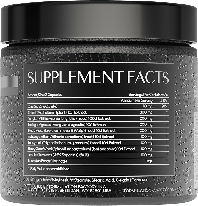 Formulation Factory Self Obsessed Masculine Vitality & Testosterone Support - 10-in-1 Complex with Shilajit, Tongkat Ali, & Fadogia Agrestis - 60 Capsules, 1 Month Supply