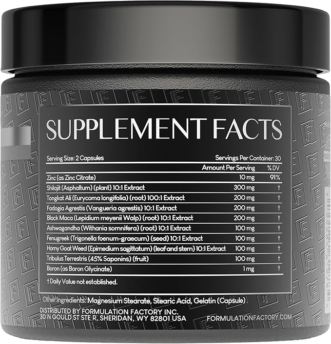 Formulation Factory Self Obsessed Masculine Vitality & Testosterone Support - 10-in-1 Complex with Shilajit, Tongkat Ali, & Fadogia Agrestis - 180 Capsules, 3 Month Supply