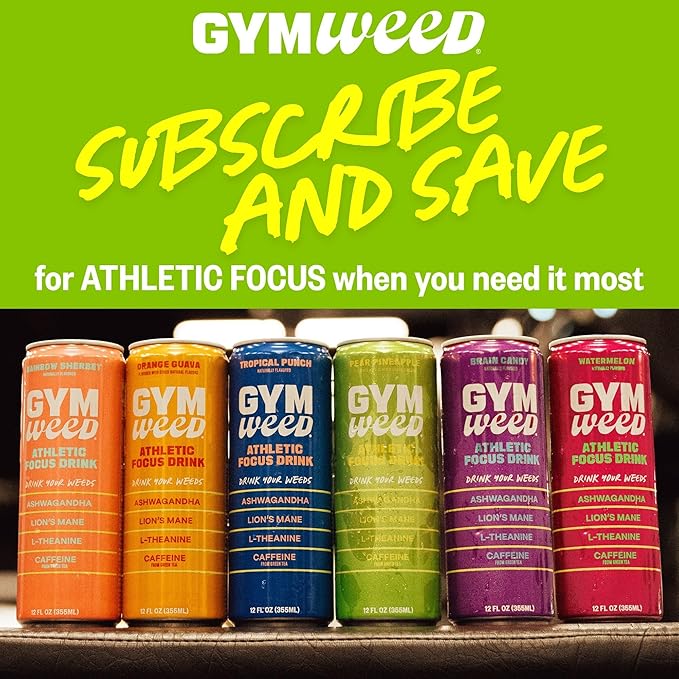 GYM WEED Athletic Focus Drink with KSM-66 Ashwagandha, Lion's Mane Mushroom, L-Theanine, 200mg Green Tea Caffeine with Natural Sweeteners Watermelon Flavor, 12 Pack