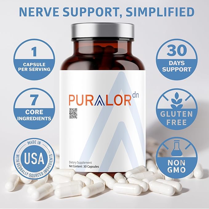Puralor DN Nerve Support Supplement, Advanced Neuropathy Support Supplement with Alpha Lipoic Acid, CoQ10, Folate, Vitamin B12 and Vitamin D3, Non-GMO, Vegan, 30 Capsules