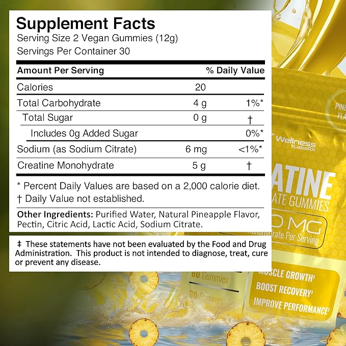 Creatine Gummies 5000mg, 30 Servings Creatine Monohydrate Gummies - Third-Party Tested Creatine for Women, Pineapple Flavor Creatine for Men, Muscle Growth, Strength, and Recovery - Pack of 1