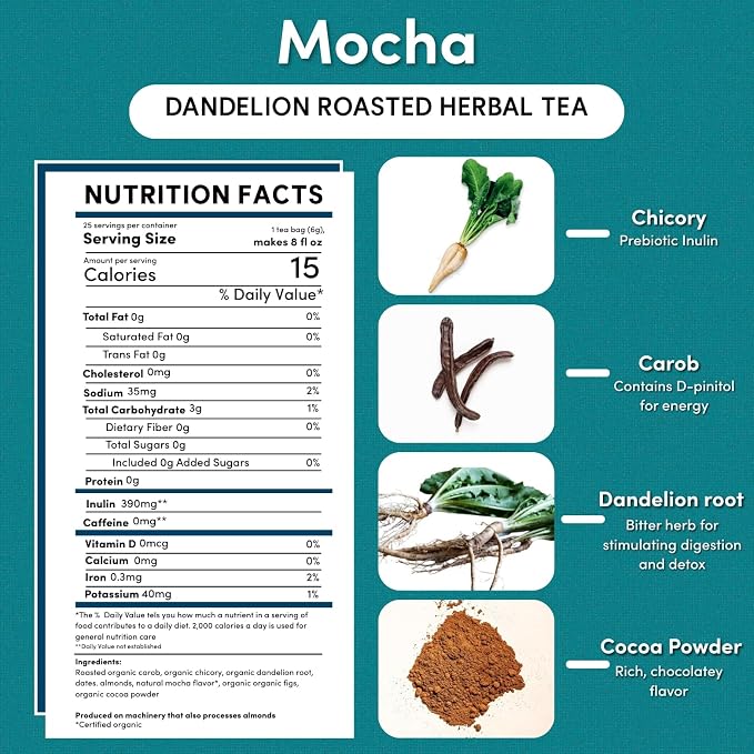 Teeccino Dandelion Mocha Tea - 25 Tea Bags - Caffeine-Free, Roasted Herbal Tea with Prebiotics, 3x More Herbs than Regular Tea Bags - Gluten-Free, Acid-Free Coffee Alternative, (Pack of 3)