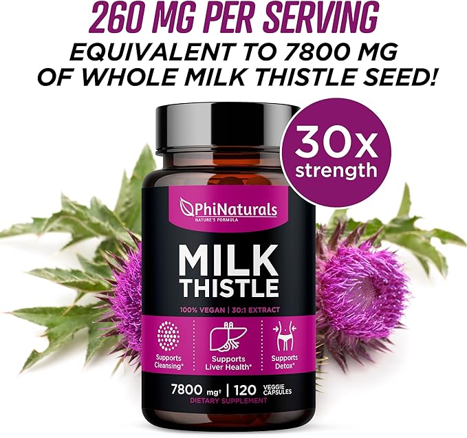 PhiNaturals Milk Thistle Extract Capsules Supplement Liver Detox 260mg Silymarin 30:1 Extract Equivalent to 7800mg Milk Thistle Seeds Liver Detox Silimarina