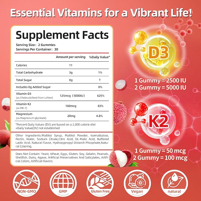 Vitamin D3 K2 Gummies w/Magnesium Sugar Free - 60 Count | D3 Vitamin 5,000 IU + K2(MK-7) 100 mcg - Vegan K2 D3 Vitamin Supplement, Highly Absorbent Supports Bone, Muscle, Mood & Immune(Lychee Flavor)