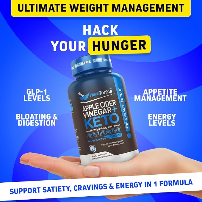 Herbtonics Apple Cider Vinegar + Keto BHB Capsules | GLP-1 Support for Appetite, Cravings & Weight Management | Metabolism Support with Satiety Support | 120 Capsules - 2 Month Supply
