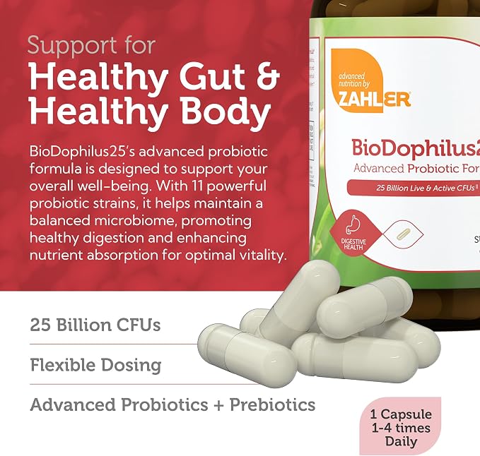 Zahler BioDophilus25, 25 Billion CFU Probiotic + Prebiotic - 11 Strains Daily Probiotic Supplement - Kosher Probiotics for Women for Digestive Health, Probiotics for Men for Gut Health (120 Capsules)