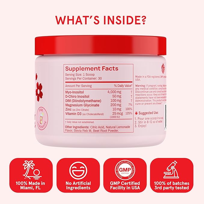 Peach Perfect Inositol Powder Multivitamin, Pink Lemonade Flavor – 4g Myo & D-Chiro Inositol, DIM, Zinc, Magnesium Glycinate, Vitamin D3 – Supports Women’s Health, Cycle, Energy, 30 SVG