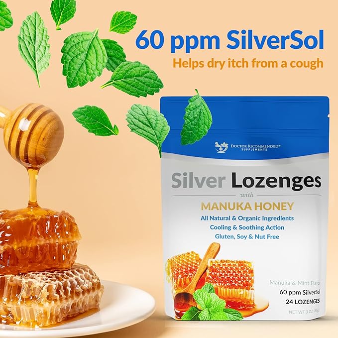Silver Lozenges with Organic Manuka Honey and Vitamin C - All-Natural Nano Silver 45-50mcg of 60 PPM Colloidal Mineral Drops to Support Immune System, Soothe, Cool Cough & Throat, 96-Lozenges