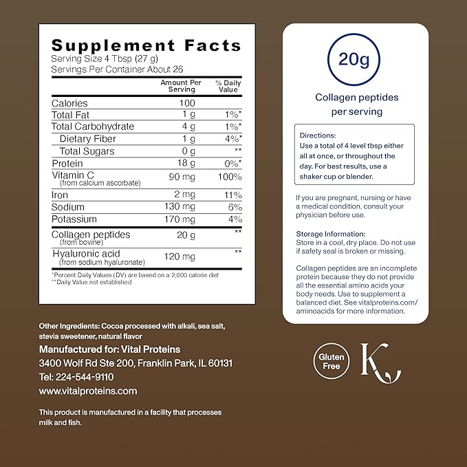 Vital Proteins Collagen Peptides Advanced, Hydrolyzed Peptides with Hyaluronic Acid and Vitamin C - Chocolate Flavor Powder, 24.7oz