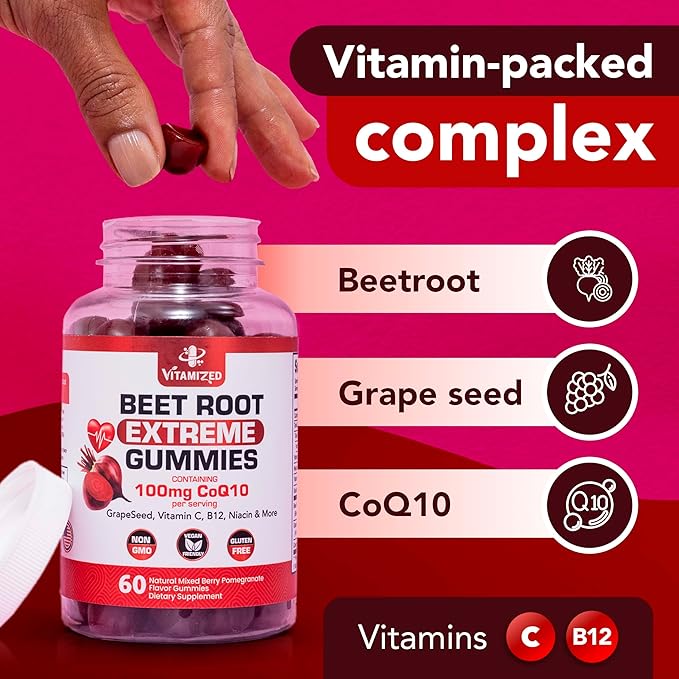Extreme Beetroot Formula & COQ10 100mg with Grape Seed Extract, for Circulation Energy & Flow, Beet Root Gummies Extract Gluten Free 60