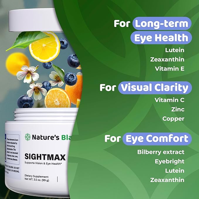 SightMax Eye Health Supplements - Eye Vitamins - with Bilberry, Eyebright, Lutein, Zeaxanthin & More Vitamins - Vegan, Non GMO, Gluten Free - 3.5 Oz - 30 Servings - Berry Rush Flavor