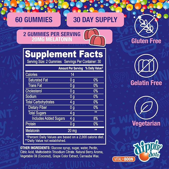 Dippin' Dots Extra Strength Melatonin 20mg Gummies for Adults - Melatonin Gummies with 20mg per Serving - Vegan Friendly Nighttime Sleep Supplement - Made with Natural Colors & Flavors (60 Count)