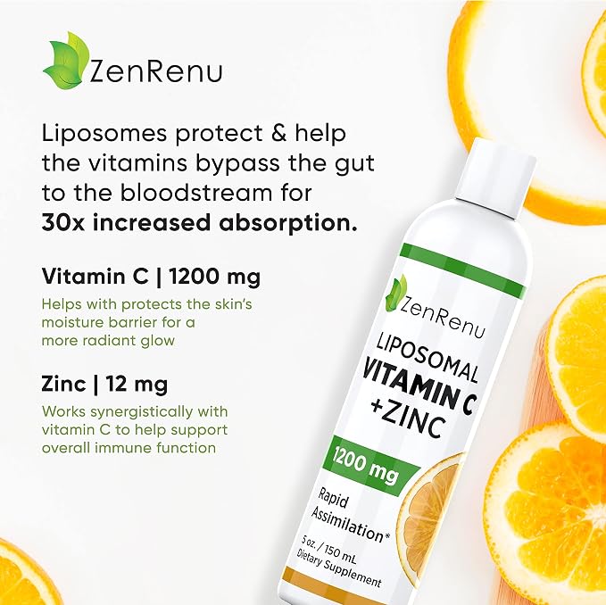 Zenrenu Liposomal Vitamin C and Zinc Liquid Drink for Adults & Kids - Non GMO Sunflower Lecithin - Max Antioxidant & Immune Support, 5 oz / 150 ml