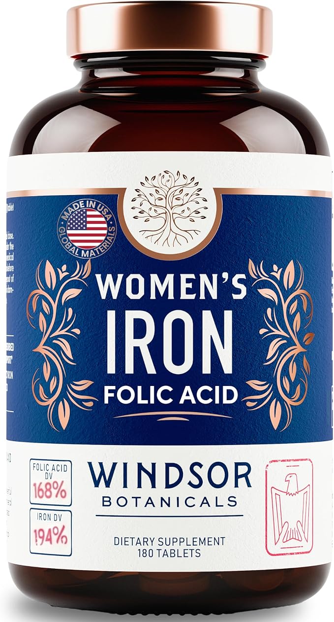 Iron and Folic Acid Supplements for Women - 35mg Gentle Iron Vitamin, Folic Acid 400mcg - Anemia, Period, Pregnancy Support Supplement, Ferrous Sulfate Pills - 180 Vegan Non-Constipating Tablets