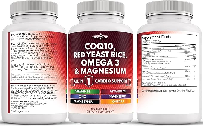 NEW AGE COQ10 200mg Red Yeast Rice Omega 3-6-9 Magnesium Complex Zinc Vitamin K2 D3 - Support Vitamins for Women and Men with Vitamin B3, Coenzyme Q10-180 Count