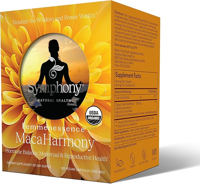 Femmenessence® MacaHarmony® – Clinically Studied Hormone Balance Support for Menstrual Health, PMS Relief, Mood, Skin & Fertility, 120 Natural Organic Vegan Capsules (60 Day Supply)