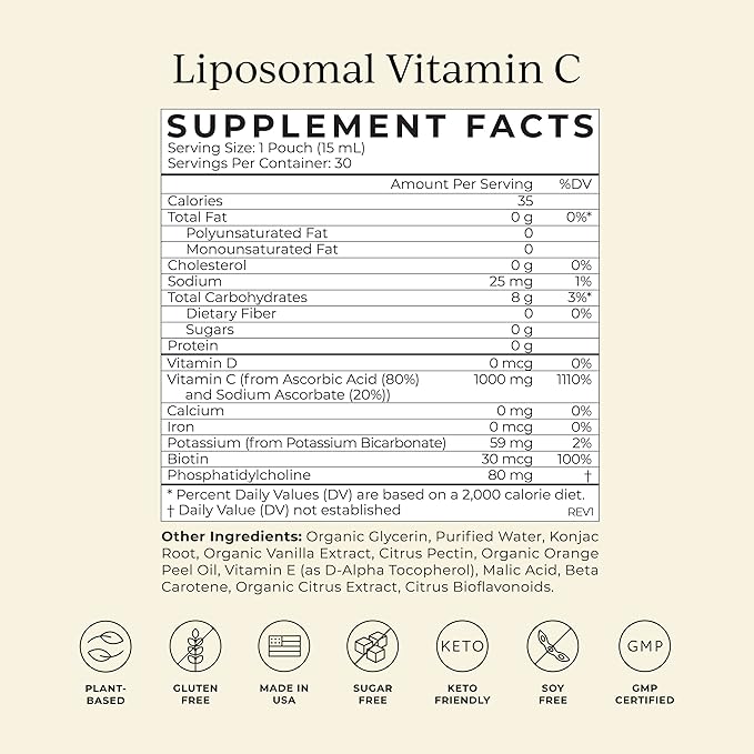 CYMBIOTIKA Vitamin C Individual Packets, Liposomal Delivery, Supplement for Immune Support, Collagen Boost, & Healthy Aging, Skin Hydration Packets, Citrus Vanilla Flavor, 30 Count