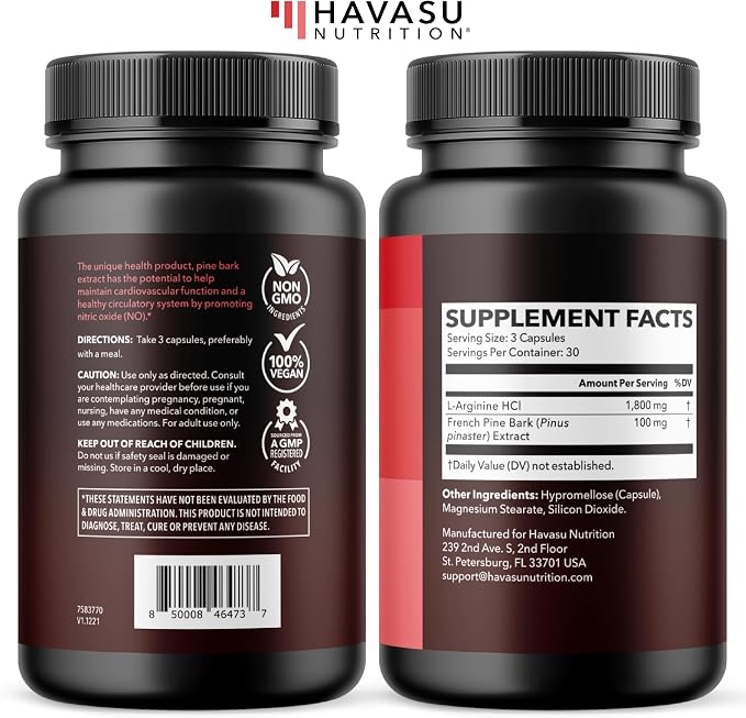 L-Arginine 1800mg and Pine Bark Extract 100mg - Nitric Oxide Supplement for Men - Performance Supplement for Men's Health - 90 Count - Endurance, Recovery Support - Vegan, Non-GMO Capsules