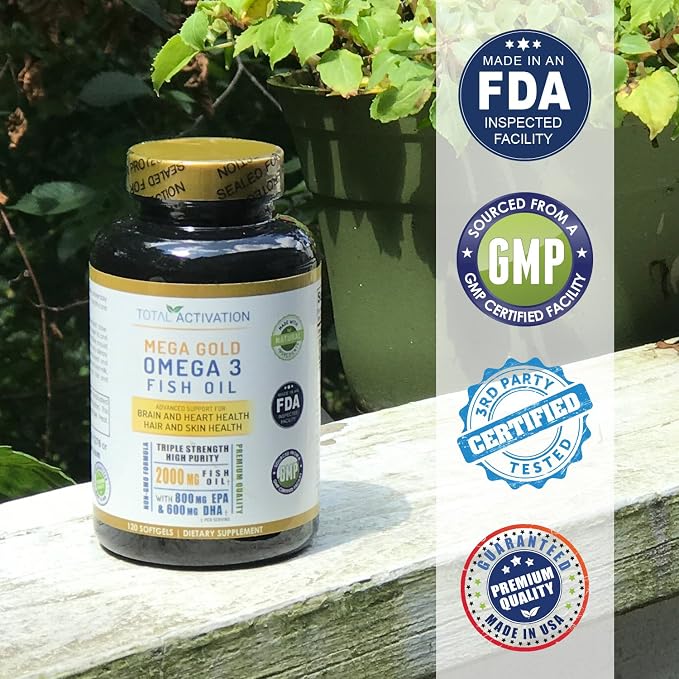 Omega 3 Fish Oil Supplement – 2000mg with EPA DHA & Vitamin E – Burpless, Triple Strength Support for Men & Women – 120 Easy Swallow Softgels