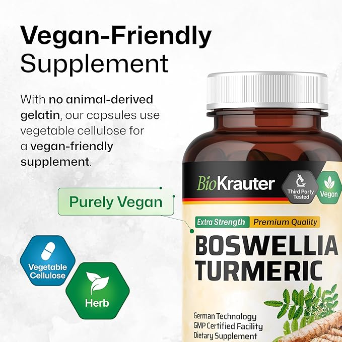 BIO KRAUTER® Turmeric Curcumin Supplement with Boswellia for Joint Support - Vegan Turmeric with Black Pepper & Boswellia Extract 100 Capsules, 33 Days of Supply, Non-GMO - Natural Digestive Support