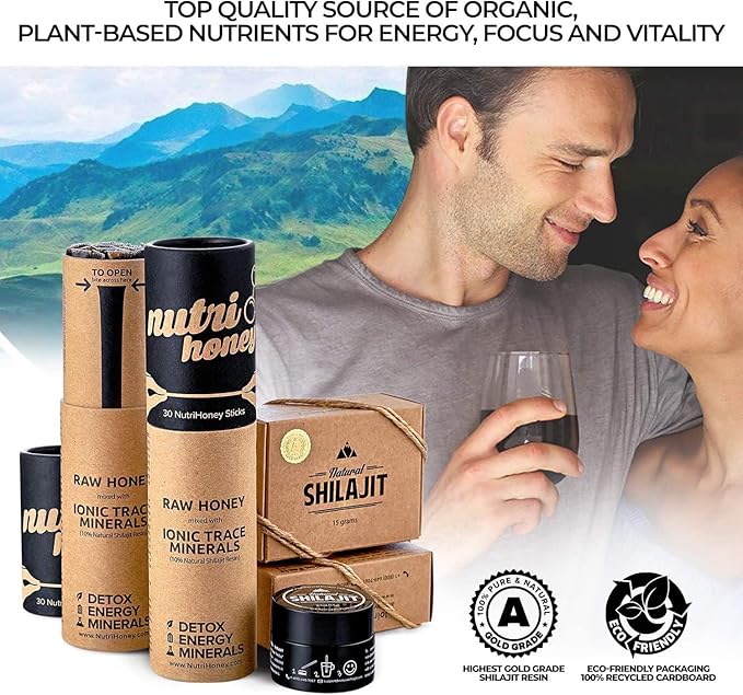 NATURAL SHILAJIT Honey Sticks - Shilajit Resin with Raw Honey, Fulvic Acid & Trace Minerals, Plant Based Nutrients for Energy, Immune Support & Vitality - 7 Shilajit Sticks