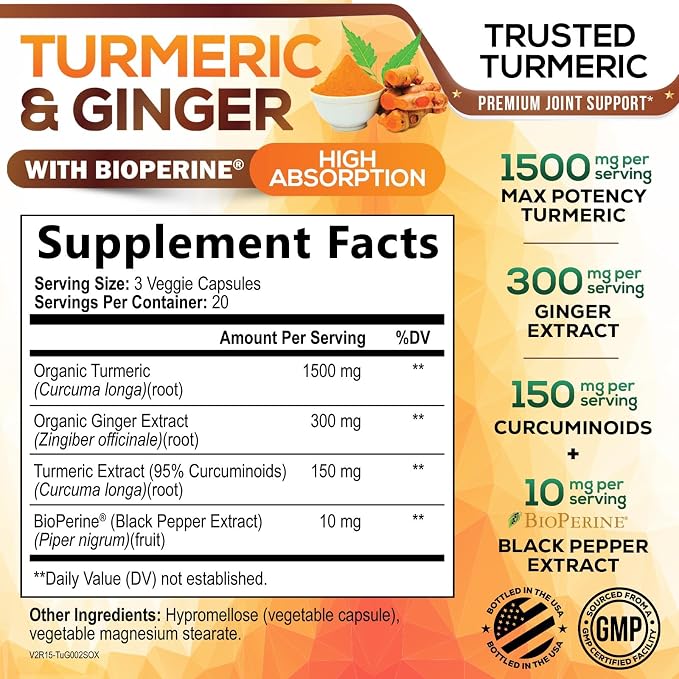 Turmeric Curcumin Supplement - 95% Curcuminoids with Organic Turmeric & Ginger, BioPerine Black Pepper Extract for Best Absorption, Natural Vegan Joint Support, Non-GMO, Bottled in USA - 60 Capsules