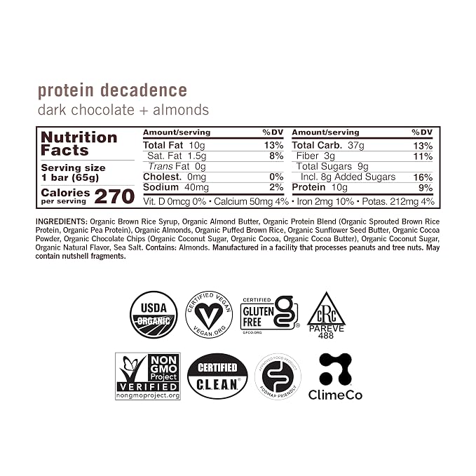 GoMacro MacroBar Organic Vegan Protein Bars - Dark Chocolate + Almonds (2.3 Ounce Bars, 12 Count)