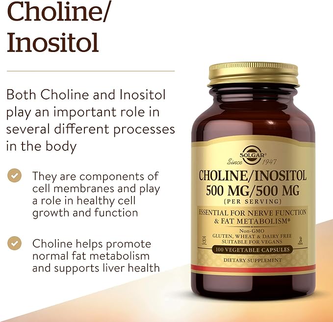 Solgar Choline/Inositol 500 mg/500 mg, 100 Vegetable Capsules - Energy Metabolism, Liver Health, Essential for Brain & Nerve Function - Non-GMO, Vegan, Gluten Free, Dairy Free, Kosher - 50 Servings