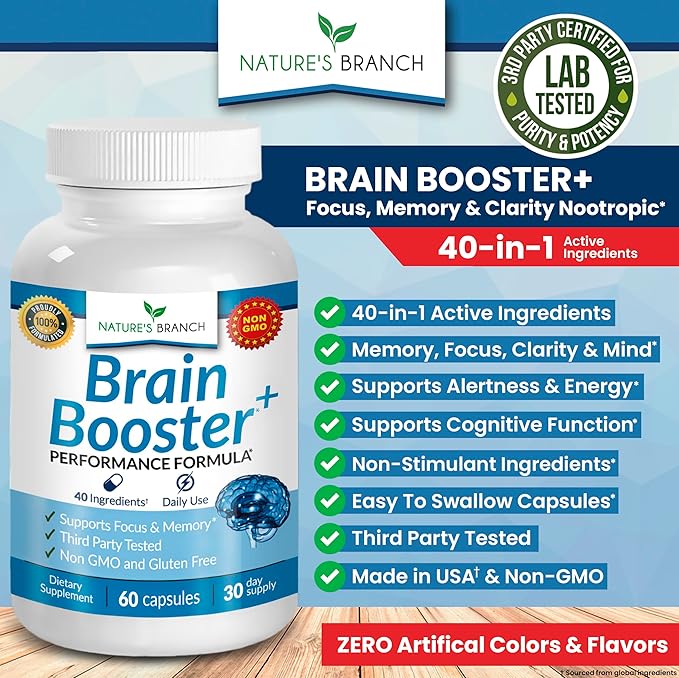 40-in-1 Brain Booster Supplement for Focus, Memory, Clarity, Energy | Advanced Vitamins Plus eBook | for Men & Women, Cognitive Function Nootropic Support with DMAE, Mind Health Formula | 60 Capsules