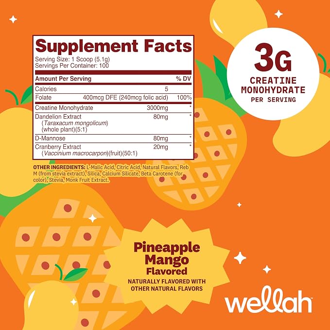 Wellah Creatine for Women - Creatine Monohydrate with Dandelion & Cranberry Extract (100 Servings, Pineapple Mango)