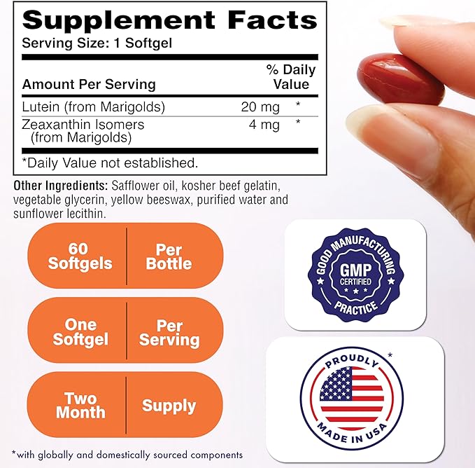 Lutein 20mg with Zeaxanthin 4mg 60 Softgels | Trans-Isomer Marigold Extract in Nature Identical 5:1 Ratio | Supports Healthy Eye, Skin and Brain | Non-GMO Soy & Gluten Free | by Health Thru Nutrition