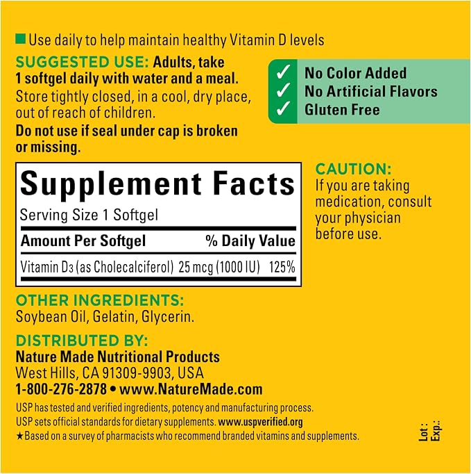 Nature Made Vitamin D3 1000 IU (25 mcg), Vitamin D Supplement for Bone, Teeth, Muscle and Immune Health Support, 300 Softgels, 300 Day Supply