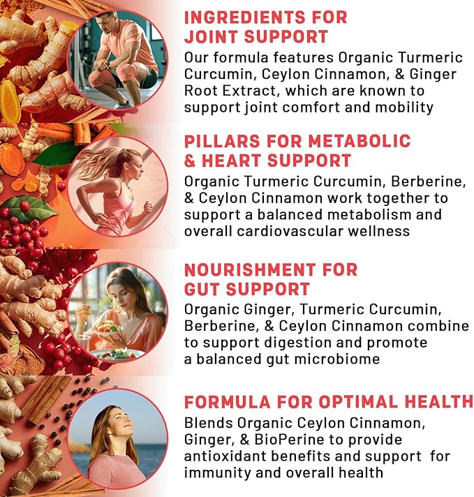 5-in-1 Organic Turmeric Curcumin Supplement (4210mg) with Berberine, Ceylon Cinnamon Bioperine and Ginger Supplements for Joint, Heart, Gut, & Metabolic Support (60 Servings)