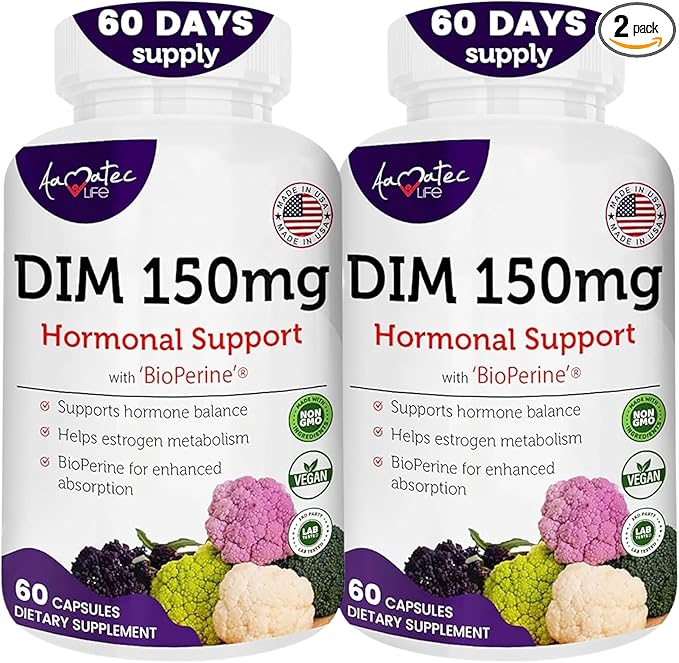 Women’s DIM Complex 150mg - Bioperine Estrogen Balancing Pills for Menopause & Hot Flashes Relief Support Hormonal Acne Powerful Supplement - Pack of 2 (60 Count per Bottle), Made in USA