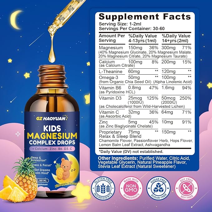 Magnesium Complex Liquid for Kids - Magnesium Glycinate, Malate, Taurate, Citrate with Calcium, Omega-3, L-theanine, Zinc,Vitamin B6 D3 C for Sleep, Relaxation, Calm & Focus, Pineapple Flavor, 2 Fl Oz